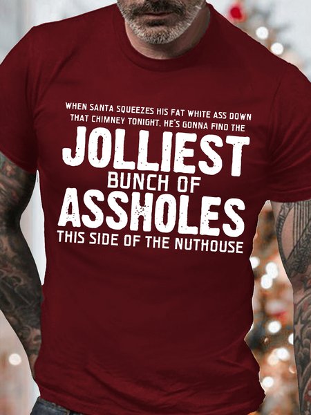 Mens He Is Gonna Find The Jolliest Merry Christmas Santa Funny Graphic Print Cotton Casual Crew Neck T-Shirt, T-shirts, Lilicloth.com