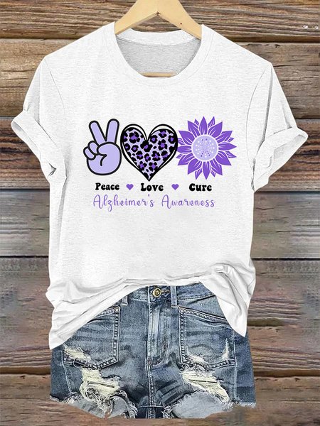 Alzheimer's Awareness Love Casual Text Letters Crew Neck T-Shirt, T-shirts, Lilicloth.com
