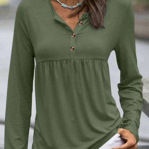 Casual Plain V Neck Long Sleeve T-shirt, T-shirts, color:Army Green|size:XXL, catalog Noracora shop