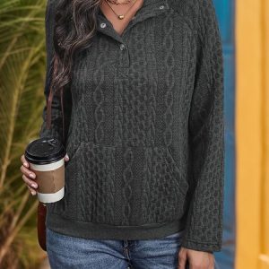 Women's V Neck Plain Buckle Casual Spring/Fall Long Sleeve Sweatshirt, JustFashionNow Sweatshirts & Hoodies, color:Deep Gray|size:XL,
