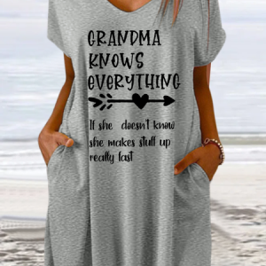Women's Funny Grammy Grandma Knows Everything V Neck Text Letters Casual Dress, Dresses, Lilicloth.com