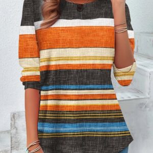 Women's Long Sleeve Tee T-shirt Spring/Fall Striped Printing Jersey Crew Neck Daily Going Out Vintage Top, JustFashionNow T-Shirts, color:Orange|size:XXL,