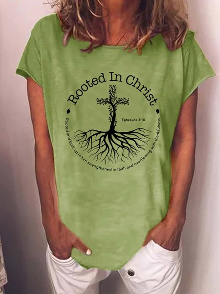 Women Graphic Rooted In Christ Cross Pray God Bible Verse Christian Crew Neck T-Shirt, T-shirts, Lilicloth.com
