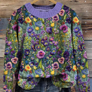 Violet Wildflower Embroidery Art Cozy Knit Sweater, Sweaters, Lilicloth.com