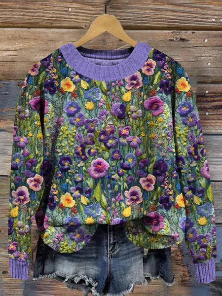 Violet Wildflower Embroidery Art Cozy Knit Sweater, Sweaters, Lilicloth.com