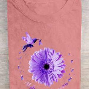 Hummingbird Sunflower Purple Ribbon Alzheimer's Awareness  Cotton T-shirt, T-shirts, Lilicloth.com
