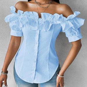 Off the Shoulder Short Sleeve Blouses Asymmetrical Button Ruffles Blouses, women Blouses & Shirts, ChicMe catalog