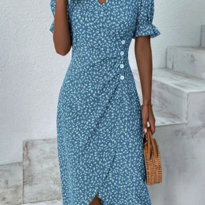 Women Vacation Floral Print V Neck Button Dress, Midi, color:Blue|size:XXL, catalog Noracora shop
