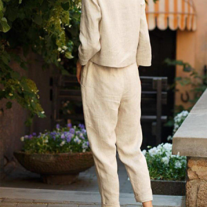 Women's Cotton Plain Vacation Going Out Two Piece Set Long Sleeve Vacation Spring/Fall Top With Pants Matching Set, JustFashionNow Suit Set, color:Beige|size:XXL,