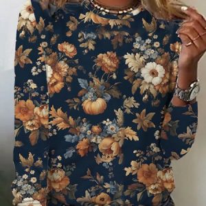 Casual Floral Crew Neck Loose T-Shirt, Long sleeves, Lilicloth.com