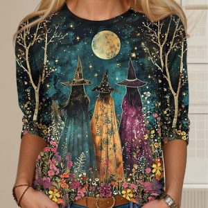 Vintage Halloween Crew Neck Long Sleeve T-shirt, Blouses, color:Dark Blue|size:XXL, catalog Noracora shop