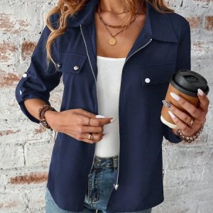 Women's Plain Zipper Thicken Loose Jacket, Outerwear, color:Deep Blue|size:XXL, catalog Noracora shop