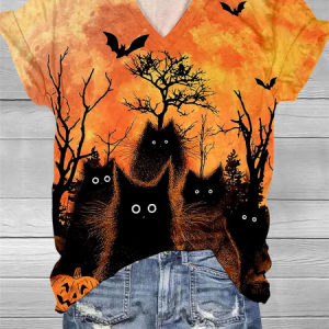 Halloween Black Cat Print V Neck T-Shirt, T-shirts, Lilicloth.com