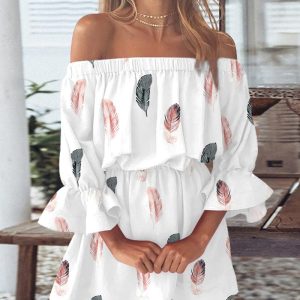 Feather Print Off Shoulder Bell Sleeve Casual Dress, women Casual Dresses, ChicMe catalog
