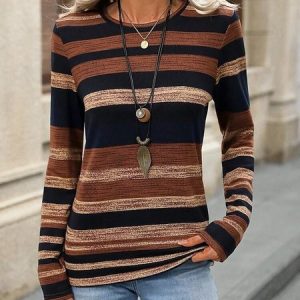 Women's Long Sleeve Tee T-shirt Spring/Fall Striped Jersey Crew Neck Daily Going Out Casual Top, JustFashionNow T-Shirts, color:Brown|size:XXL,