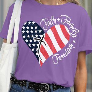 American Flag Faith Freedom Print Casual Short Sleeve T-Shirt, T-shirts, Lilicloth.com