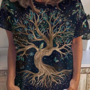 Birds And Tree Crew Neck Short Sleeve T-Shirt, T-shirts, Lilicloth.com