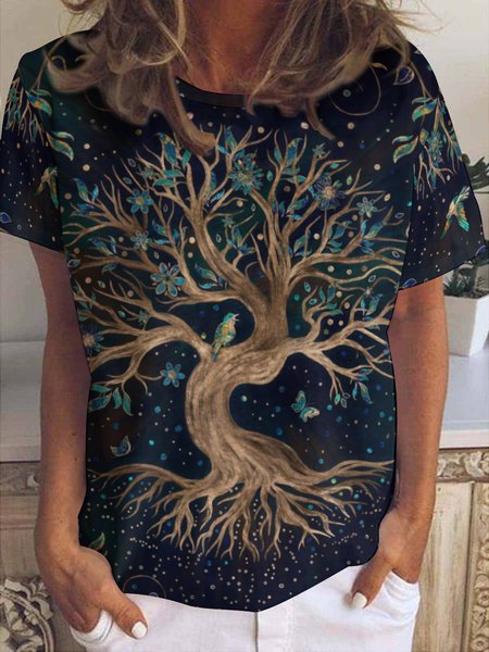 Birds And Tree Crew Neck Short Sleeve T-Shirt, T-shirts, Lilicloth.com