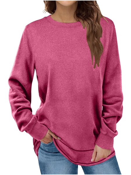 Women's Long Sleeve Tee T-shirt Spring/Fall Plain Knitted Crew Neck Daily Going Out Casual Top, JustFashionNow T-Shirts, color:Rose Red|size:3XL,