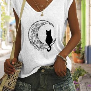 Casual Simple Cat Moon Print V-Neck Tank Top, Tank Tops, Lilicloth.com