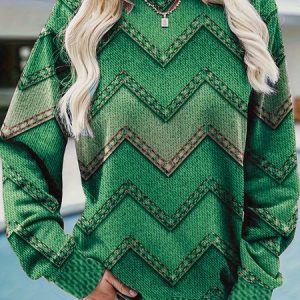 Women's Crew Neck Geometric Casual Spring/Fall Long Sleeve Sweatshirt, JustFashionNow Sweatshirts & Hoodies, color:Green|size:3XL,