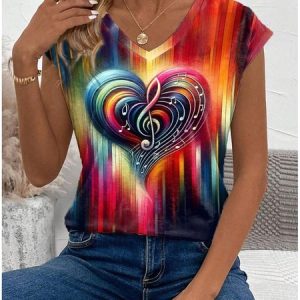 Women's Short Sleeve Tee T-shirt Summer Heart/Cordate Knitted V Neck Daily Going Out Casual Top Red, JustFashionNow T-Shirts, color:Red|size:XXL,