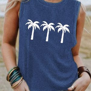 Casual Simple Coconut Tree Print Tank Top, Tank Tops, Lilicloth.com