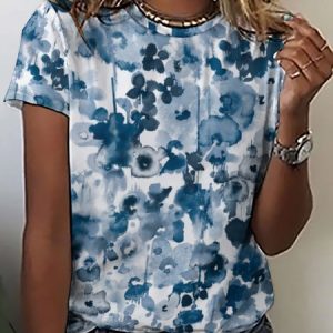 Casual Abstract Print Crew Neck Short Sleeve T-Shirt, T-shirts, Lilicloth.com