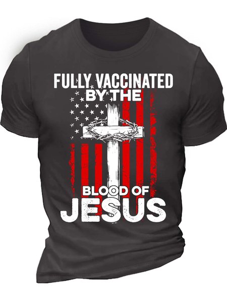 Men’s Fully Vaccinated By The Blood Of Jesus Casual Crew Neck Cotton Regular Fit T-Shirt, T-shirts, Lilicloth.com