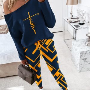 Faith Geometric Print Skew Neck Top & Drawstring Pants Set, Two-piece Sets, ChicMe catalog