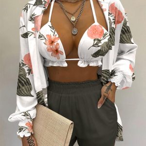 3PCS Plants Print Shirt & Shorts Set With Crop Top, Two-piece Sets, ChicMe catalog