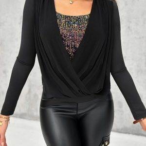 Sequin Decor Cowl Neck Ruched Long Sleeve Top, women T-shirt & Tees, ChicMe catalog