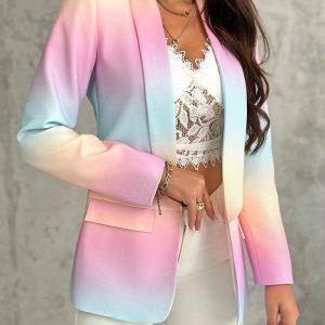 Tie Dye Print Shawl Collar Long Sleeve Open Front Work Suit Office Blazer Flap Detail Commuting Coat, women blazer, ChicMe catalog