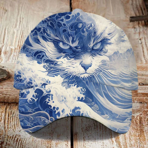 Blue Waves&Cats Print Hat, Hats, Lilicloth.com