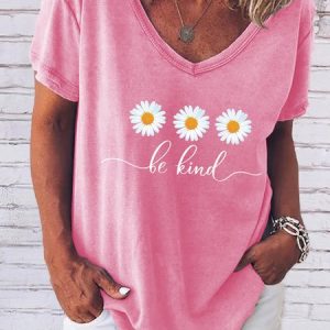 Be Kind Flower Daisy V Neck Boho Floral Short sleeve Top, T-shirts, Lilicloth.com