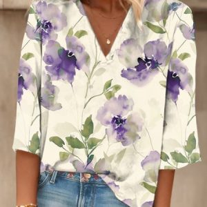 Women's Three Quarter Sleeve Tee T-shirt Spring/Fall Floral V Neck Daily Going Out Casual Top Apricot, JustFashionNow T-Shirts, color:Apricot|size:XXL,