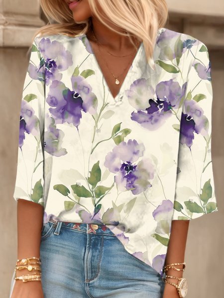 Women's Three Quarter Sleeve Tee T-shirt Spring/Fall Floral V Neck Daily Going Out Casual Top Apricot, JustFashionNow T-Shirts, color:Apricot|size:XXL,