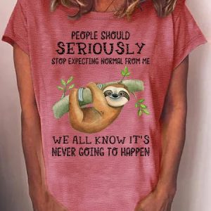 WomenвЂs Sloth Stop Expecting Normal From Me Letters Casual Crew Neck T-Shirt, T-shirts, Lilicloth.com