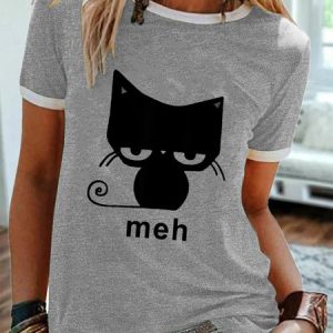 Meh Black Funny Crew Neck Ringer Tee, T-shirts, Lilicloth.com