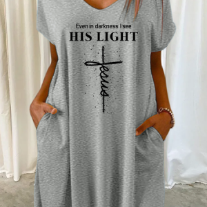Women’s Cross Jesus Even In Darkness I See His Light V Neck Text Letters Casual Dress, Dresses, Lilicloth.com