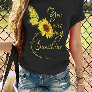 You Are My Sunshine Sunflower Hippie Neck Short Sleeve Tee, T-shirts, Lilicloth.com