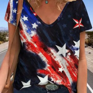 Womens American Flag Print Casual Regular Fit Plaid T-Shirt, T-shirts, Lilicloth.com