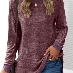 Women's Long Sleeve Tee T-shirt Spring/Fall Plain Jersey Crew Neck Daily Going Out Casual Top, JustFashionNow T-Shirts, color:Wine Red|size:XXL,