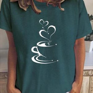 Casual Simple Coffee Heart Print Crew Neck T-Shirt, T-shirts, Lilicloth.com