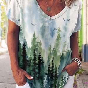 Gradient Botanical Print V-Neck Short Sleeve T-Shirt, T-shirts, Lilicloth.com