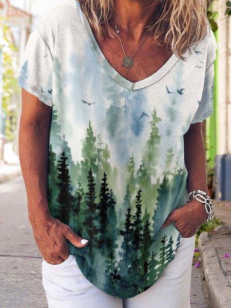 Gradient Botanical Print V-Neck Short Sleeve T-Shirt, T-shirts, Lilicloth.com