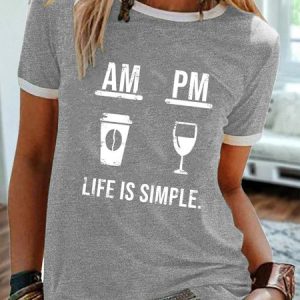Coffee And Wine Graphic Round Neck Short Sleeve Tee, T-shirts, Lilicloth.com