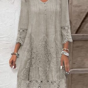 Women's Three Quarter Sleeve Spring/Fall Floral Denim Dress V Neck Daily Going Out Casual Mini H-Line, JustFashionNow Dresses, color:Light Coffee|size:XXL,