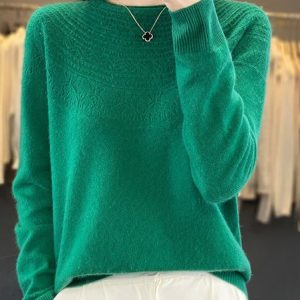 Women's Spring/Fall Plain Casual Half Sleeve Crew Neck Wool/Knitting Sweater, JustFashionNow Sweaters, color:Green|size:XXL,
