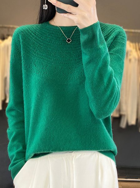 Women's Spring/Fall Plain Casual Half Sleeve Crew Neck Wool/Knitting Sweater, JustFashionNow Sweaters, color:Green|size:XXL,